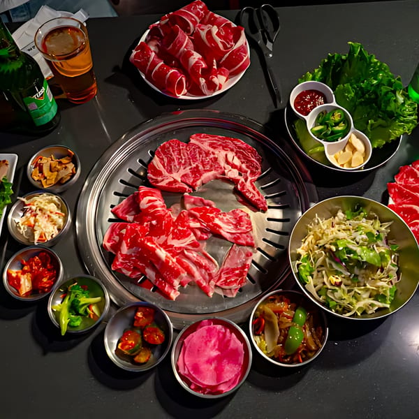 A Korean BBQ spread with raw beef, various banchan, lettuce wraps, and beer on a dark table.